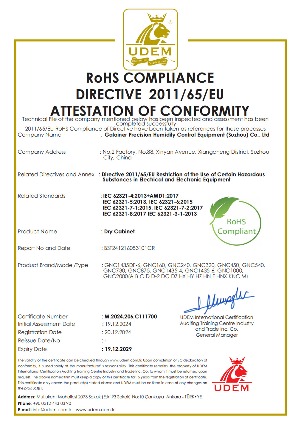 Certificate C111700 - Quality certification