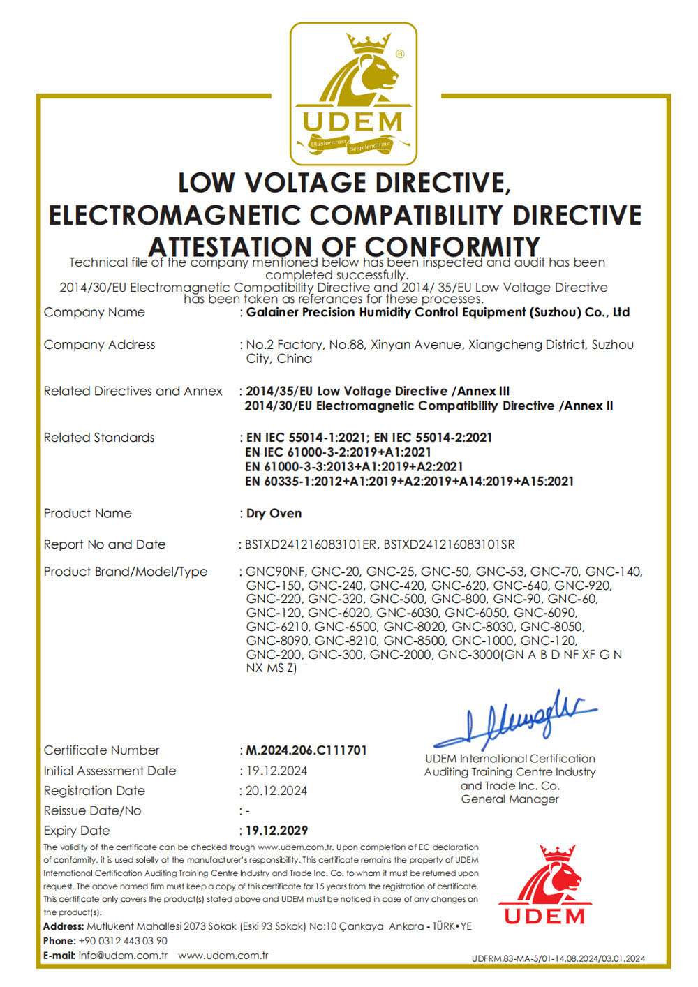 Certificate C111701 - Quality certification for Galainer equipment